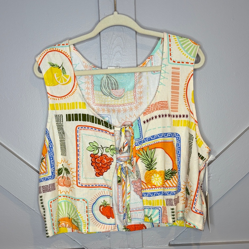 Sweet Hearts Los Angeles XL Linen Blend Colorful Fruit Print Top Vest Pant Set - Picture 2 of 16